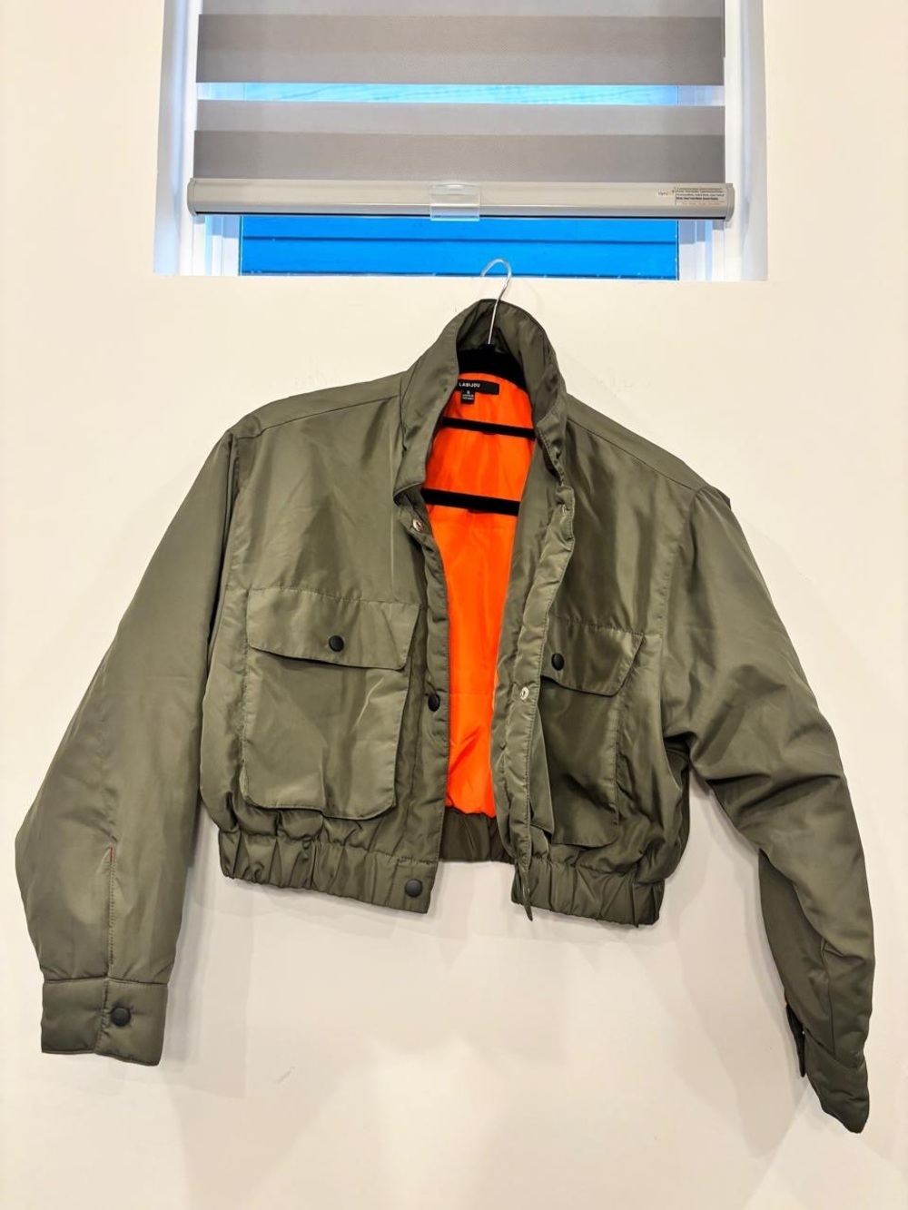 Labijou Women's Green Orange Lining Bomber Crop Jacket Size S #A38